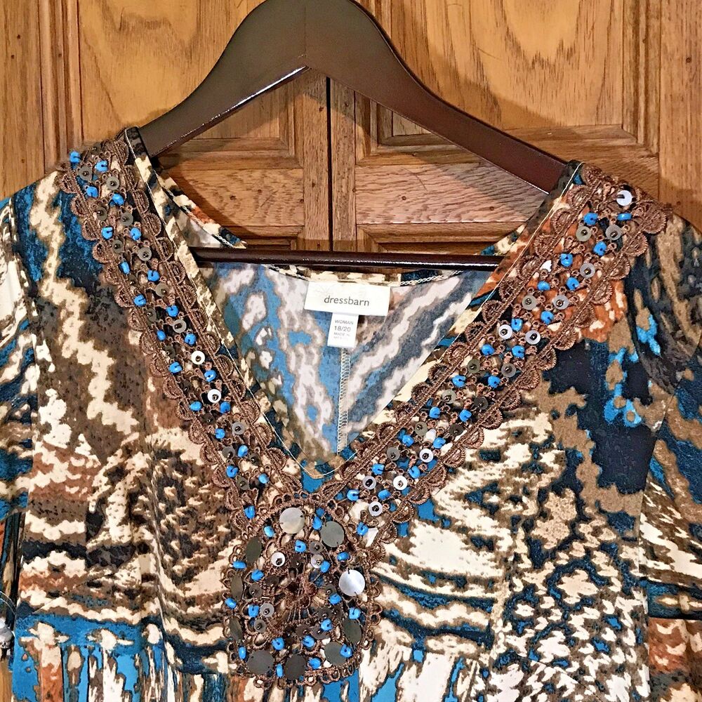 Dress Barn Turquoise Beaded Boho Asymetric Hem Tunic Women's 18/20 Stretch Top